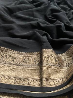 Black Banarasi Woven Gold Zari Design Pure Soft Georgette Fabric Lightweight Saree Unstitche 5