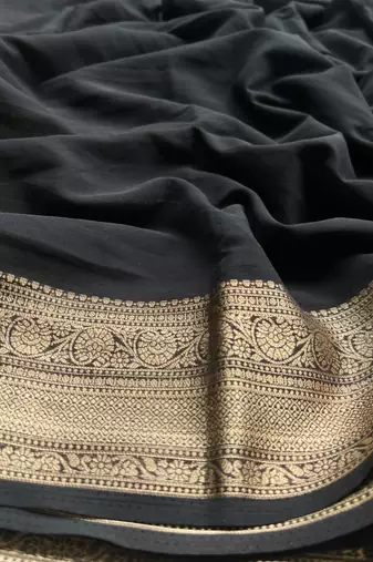 Black Banarasi Woven Gold Zari Design Pure Soft Georgette Fabric Lightweight Saree Unstitche