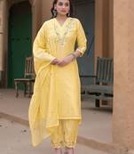 Women Ethnic Motifs Embroidered Regular Thread Work Chanderi Silk Kurta with Trousers & With Dupatta