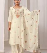 Women Floral Embroidered Regular Thread Work Chanderi Cotton Kurta with Palazzos & With Dupatta