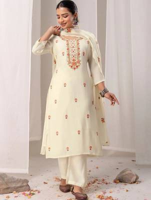 Women Floral Embroidered Regular Thread Work Chanderi Cotton Kurta with Palazzos & With Dupatta 5