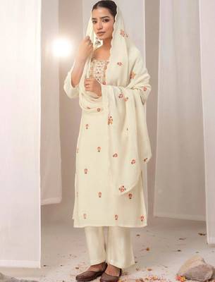 Women Floral Embroidered Regular Thread Work Chanderi Cotton Kurta with Palazzos & With Dupatta 6