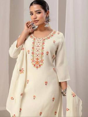 Women Floral Embroidered Regular Thread Work Chanderi Cotton Kurta with Palazzos & With Dupatta 7