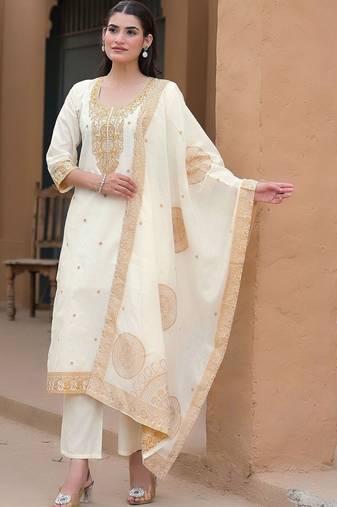 Women Ethnic Motifs Embroidered Regular Thread Work Pure Cotton Kurta with Trousers & With Dupatta