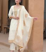 Women Ethnic Motifs Embroidered Regular Thread Work Pure Cotton Kurta with Trousers & With Dupatta