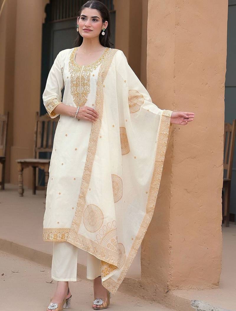 Women Ethnic Motifs Embroidered Regular Thread Work Pure Cotton Kurta with Trousers & With Dupatta