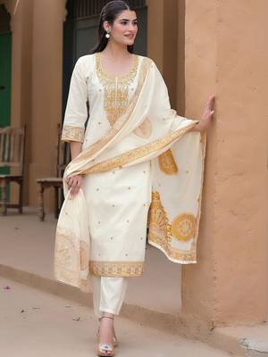 Women Ethnic Motifs Embroidered Regular Thread Work Pure Cotton Kurta with Trousers & With Dupatta 5