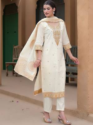 Women Ethnic Motifs Embroidered Regular Thread Work Pure Cotton Kurta with Trousers & With Dupatta 6