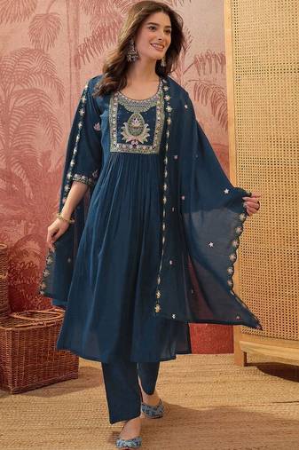 Women Ethnic Motifs Embroidered Empire Thread Work Kurta with Trousers & With Dupatta