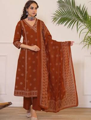 Women Ethnic Motifs Printed Angrakha Pure Cotton Kurta with Palazzos & With Dupatta 1