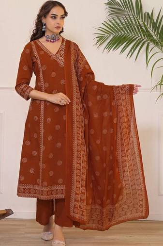 Women Ethnic Motifs Printed Angrakha Pure Cotton Kurta with Palazzos & With Dupatta