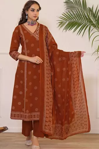 Women Ethnic Motifs Printed Angrakha Pure Cotton Kurta with Palazzos & With Dupatta