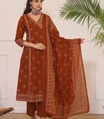 Women Ethnic Motifs Printed Angrakha Pure Cotton Kurta with Palazzos & With Dupatta