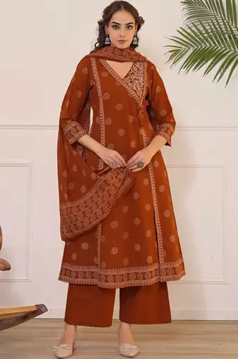 Women Ethnic Motifs Printed Angrakha Pure Cotton Kurta with Palazzos & With Dupatta