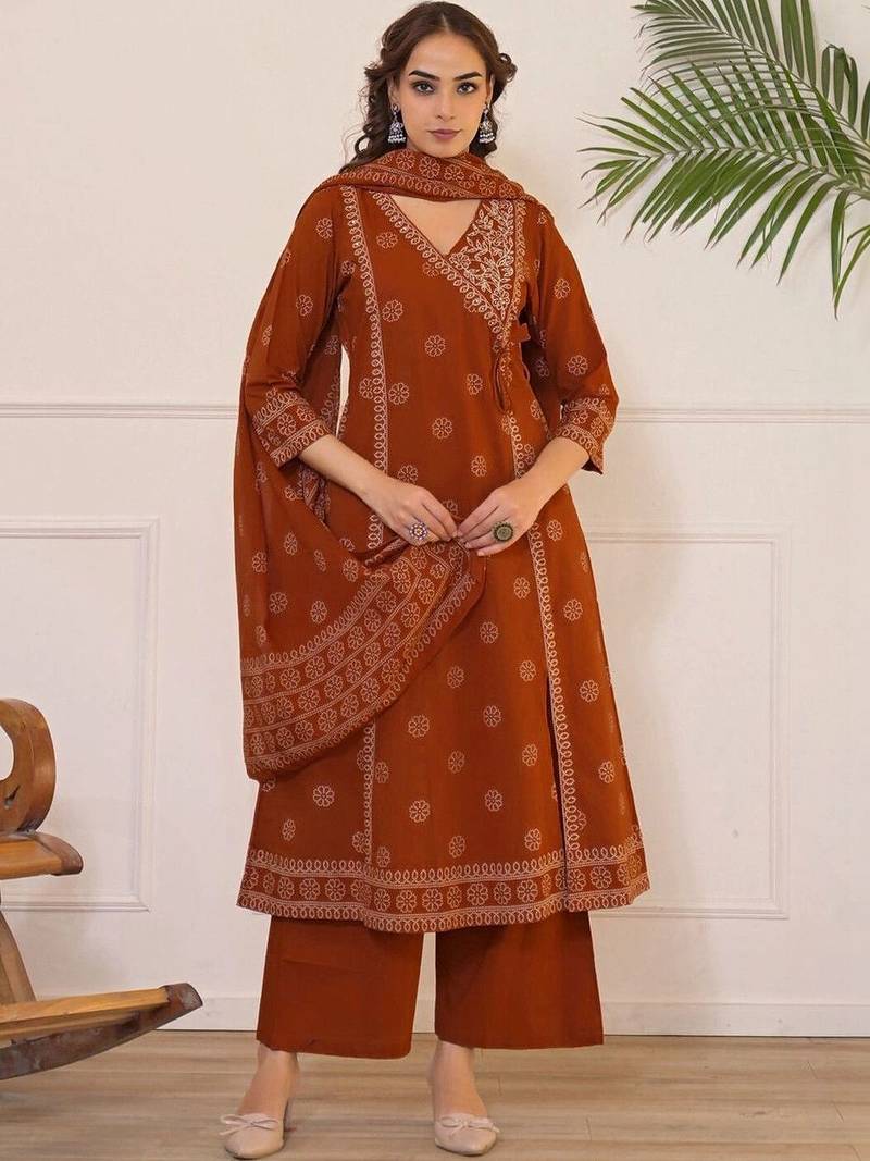 Women Ethnic Motifs Printed Angrakha Pure Cotton Kurta with Palazzos & With Dupatta