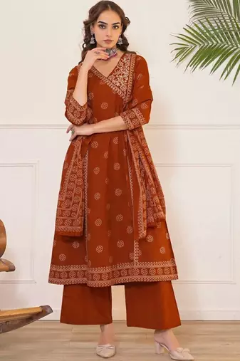 Women Ethnic Motifs Printed Angrakha Pure Cotton Kurta with Palazzos & With Dupatta