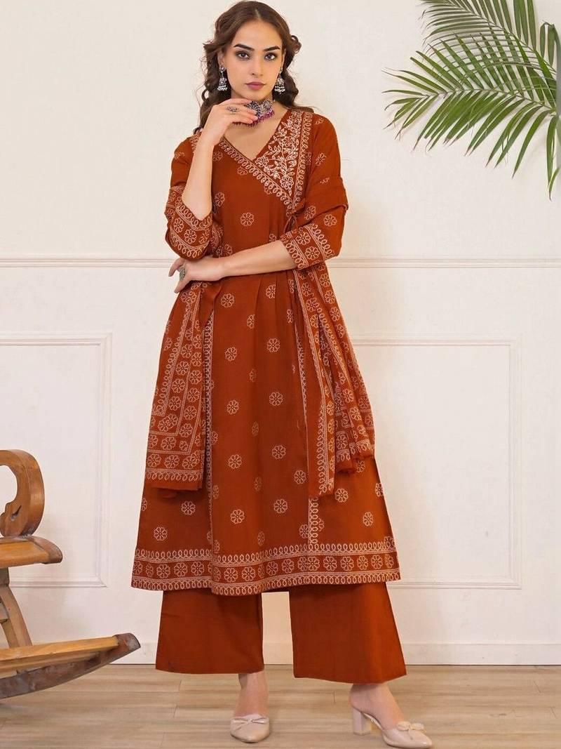 Women Ethnic Motifs Printed Angrakha Pure Cotton Kurta with Palazzos & With Dupatta