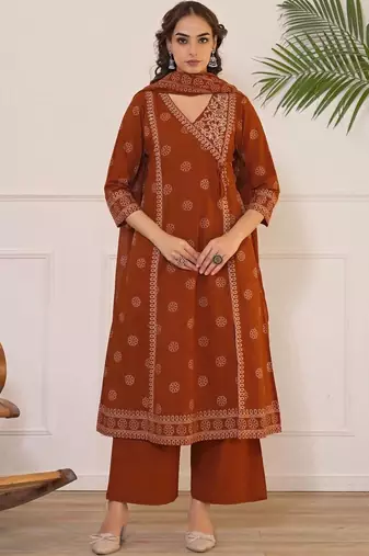 Women Ethnic Motifs Printed Angrakha Pure Cotton Kurta with Palazzos & With Dupatta