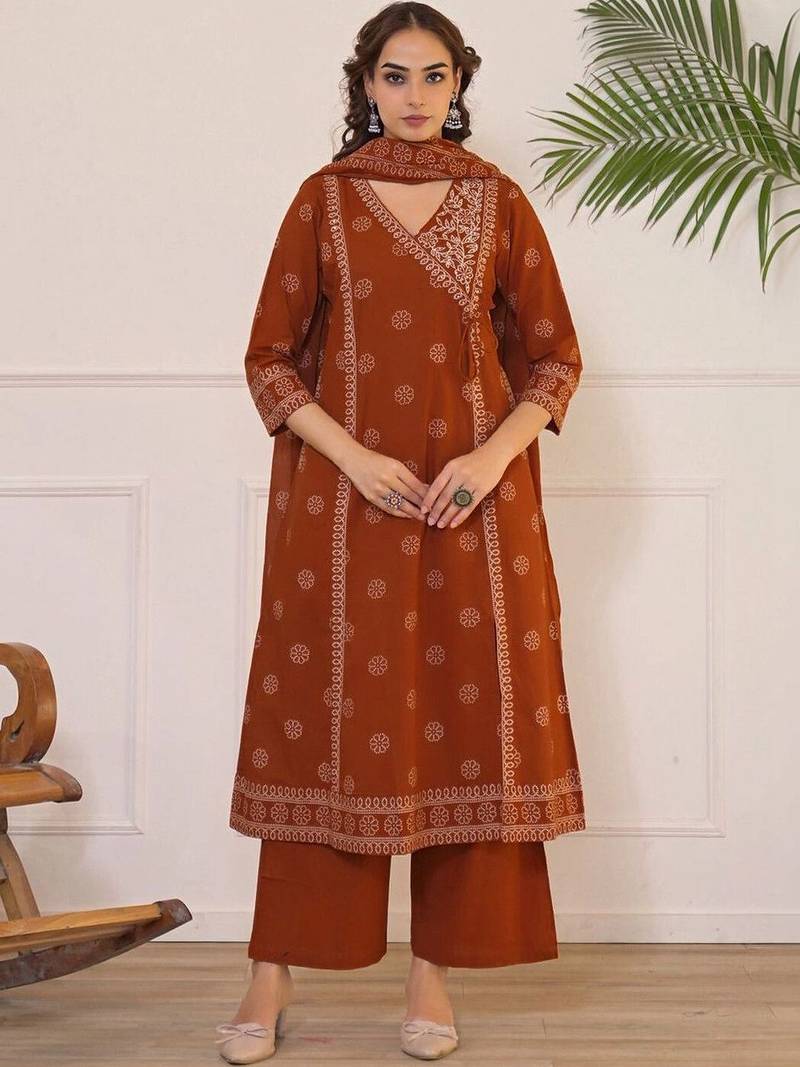 Women Ethnic Motifs Printed Angrakha Pure Cotton Kurta with Palazzos & With Dupatta