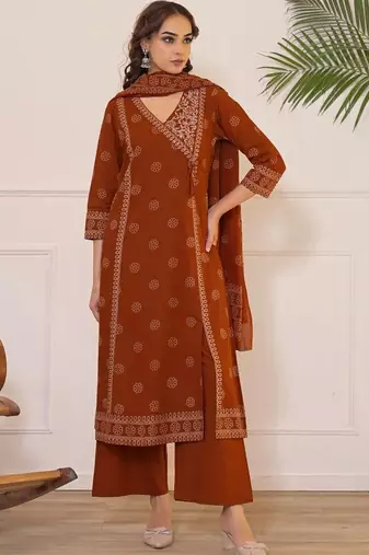 Women Ethnic Motifs Printed Angrakha Pure Cotton Kurta with Palazzos & With Dupatta