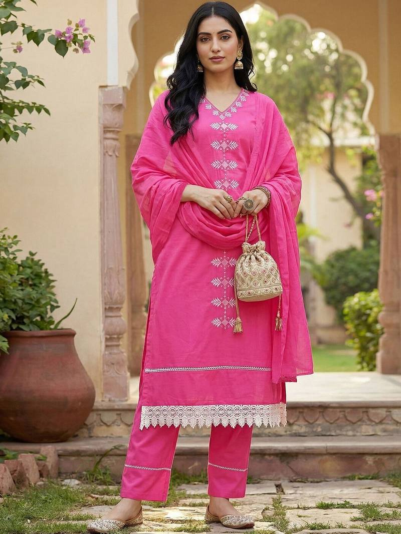 Women Ethnic Motifs Embroidered Regular Thread Work Kurta with Trousers & With Dupatta