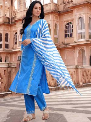 Women Ethnic Motifs Embroidered Regular Thread Work Kurta with Trousers & With Dupatta 5