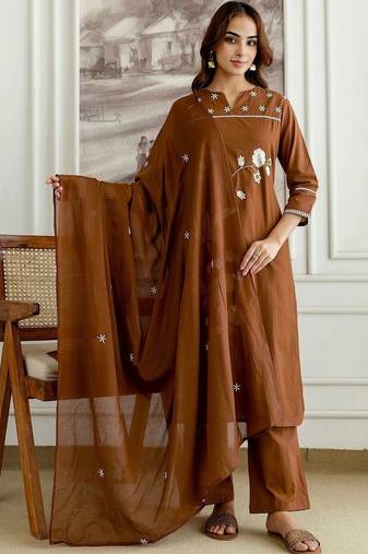 Women Floral Embroidered Regular Thread Work Pure Cotton Kurta with Trousers & With Dupatta