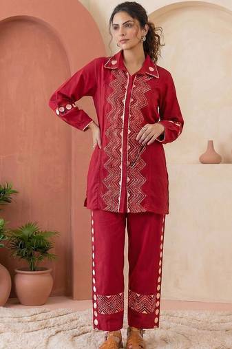 Embroidered Dark Red Cotton Blend Co Ords for Women