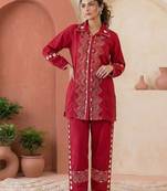 Embroidered Dark Red Cotton Blend Co Ords for Women