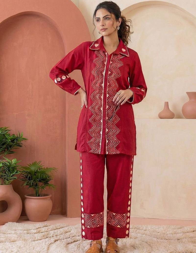 Embroidered Dark Red Cotton Blend Co Ords for Women