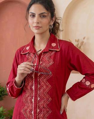 Embroidered Dark Red Cotton Blend Co Ords for Women 2