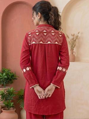 Embroidered Dark Red Cotton Blend Co Ords for Women 3