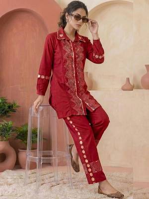 Embroidered Dark Red Cotton Blend Co Ords for Women 5