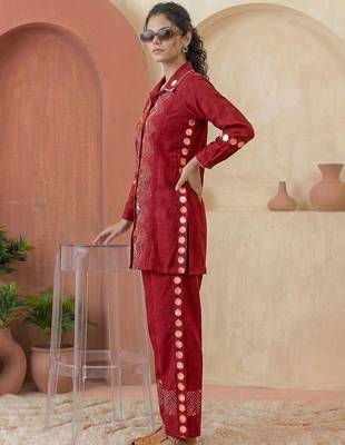 Embroidered Dark Red Cotton Blend Co Ords for Women 6