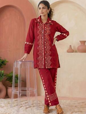 Embroidered Dark Red Cotton Blend Co Ords for Women 7