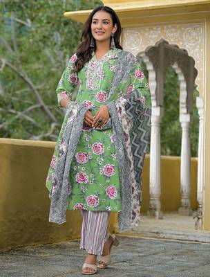 Women Floral Printed Regular Thread Work Kurta with Trousers & With Dupatta 4