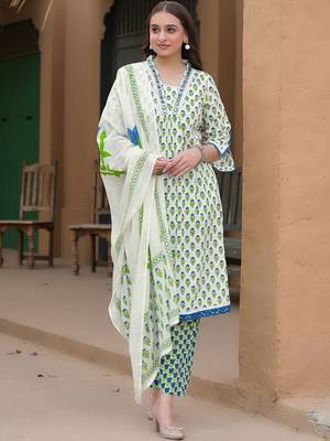 Women Ethnic Motifs Printed Regular Thread Work Kurta with Trousers & With Dupatta 1