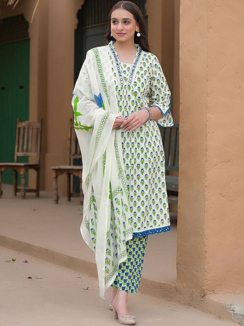 Women Ethnic Motifs Printed Regular Thread Work Kurta with Trousers & With Dupatta