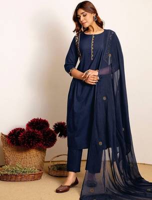 Women Ethnic Motifs Embroidered Regular Thread Work Kurta with Trousers & With Dupatta 1