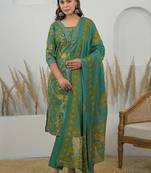 Women Floral Printed Regular Thread Work Kurta with Trousers & With Dupatta