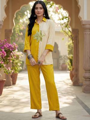 Embroidered Mustard Cotton Blend Co Ords for Women 1