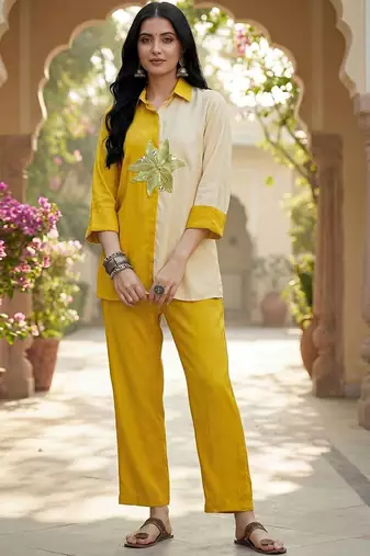 Embroidered Mustard Cotton Blend Co Ords for Women