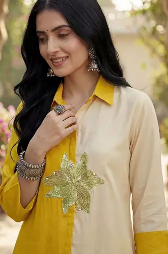 Embroidered Mustard Cotton Blend Co Ords for Women