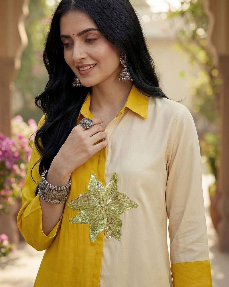 Embroidered Mustard Cotton Blend Co Ords for Women
