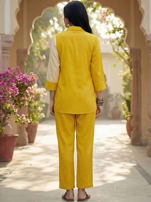 Embroidered Mustard Cotton Blend Co Ords for Women 3