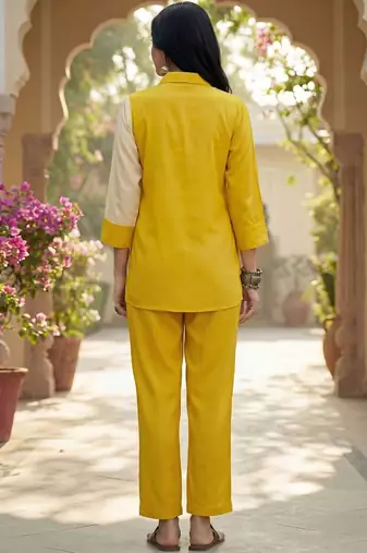 Embroidered Mustard Cotton Blend Co Ords for Women