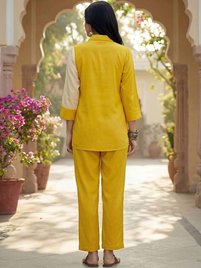 Embroidered Mustard Cotton Blend Co Ords for Women