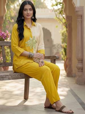 Embroidered Mustard Cotton Blend Co Ords for Women 4