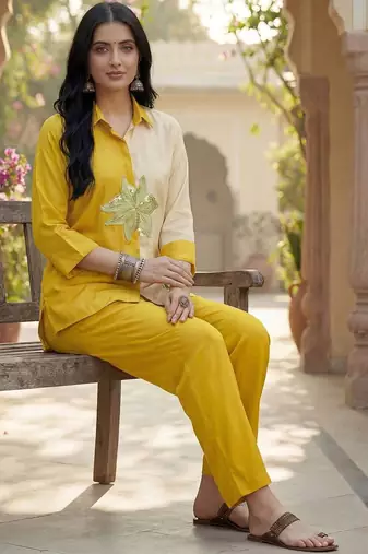 Embroidered Mustard Cotton Blend Co Ords for Women