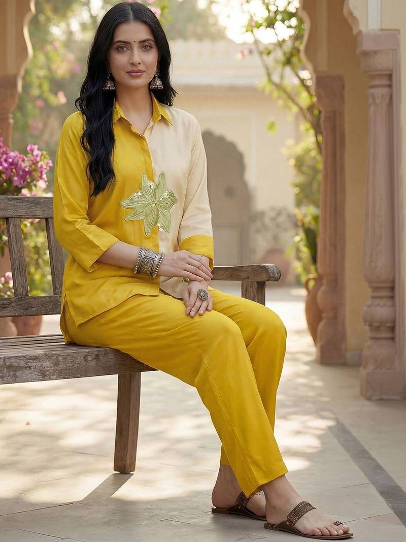 Embroidered Mustard Cotton Blend Co Ords for Women